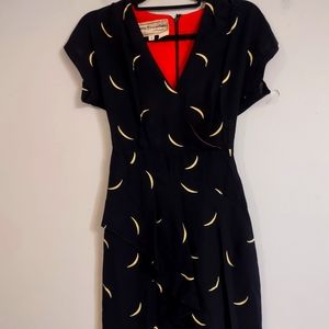 Vintage 1970s Young Edwardian By Arpeja Black Ruffle Dress Size 3 Novelty Print